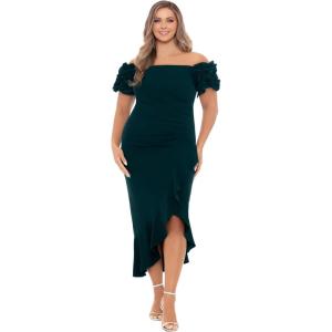 Xscape Womens Off The Shoulder Ruffle Sleeve Midi Dress (Plus) Special Occasion Dress(Pine)