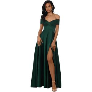Xscape Women’s Off The Shoulder Sweetheart Satin Floor Length Dress(Emerald)