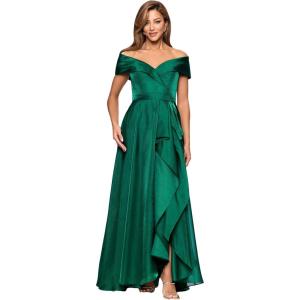 Xscape Women’s Organza Off The Shoulder Ruffle Draped A-line Floor Length Dress(Green)