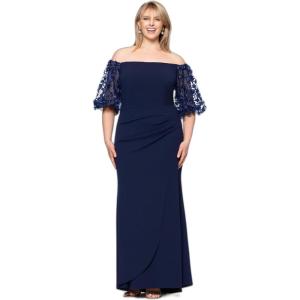 Xscape Womens Plus Size Long Illusion Sleeve Off The Shoulder DressSpecial Occasion Dress(Navy)