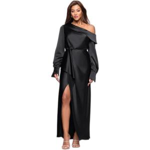 Xscape Women’s Satin Drop Shoulder Long Sleeve Ruffle Floor Length Dress(Black)