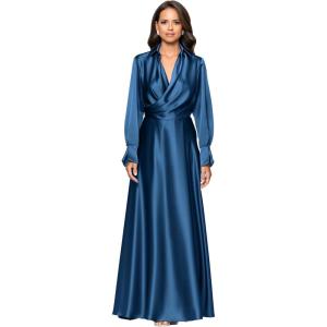 Xscape Women’s Satin Long Sleeve Collared Neck Floor Length Dress(Ocean)