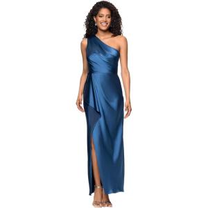 Xscape Women’s Satin Sleeveless One Shoulder Ruffle Floor Length Dress(Ocean)