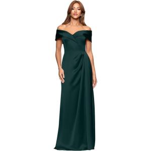 Xscape Women’s Satin Sweetheart Neckline Off The Shoulder Floor Length Dress(Hunter)
