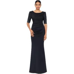 Xscape Women’s Scuba Bateau Neck Embellished Short Sleeve Floor Length Dress (Petite)(Black)