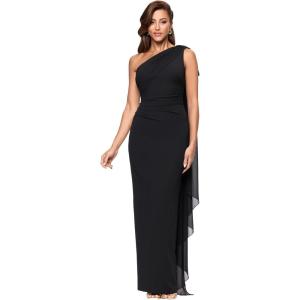 Xscape Women’s Scuba Crepe Asymmetrical Neck and Chiffon Sash Floor Length Dress(Black)