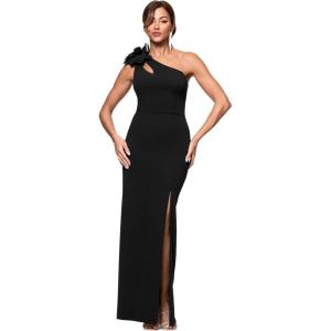 Xscape Women’s Scuba Crepe Flower Embellished One Shoulder Floor Length Dress(Black)