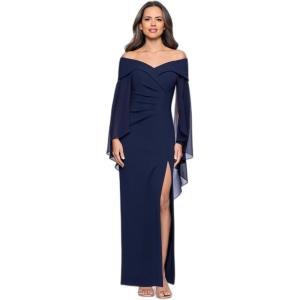 Xscape Women’s Scuba Crepe Off The Shoulder Chiffon Cape Sweetheart Neckline Floor Length Dress(Navy)