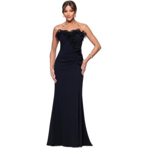 Xscape Women’s Scuba Crepe Off The Shoulder Chiffon Ruffle Floor Length Dress(Black)