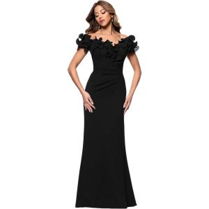 Xscape Women’s Scuba Crepe Off The Shoulder Short Sleeve Ruffle Floor Length Dress(Black)