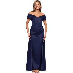 Xscape Women’s Stretch Mikado Off The Shoulder Pleated Ruched Floor Length Dress(Navy)