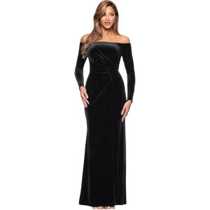 Xscape Women’s Velvet Off The Shoulder Ruched Waist Floor Length Dress(Black)
