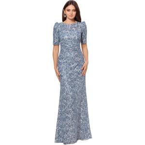 Xscape Women’s Xscape Women’s Floor-Length, Short-Sleeve, Round-Neck, with Embellished Silhouette (Reg and Petite)(Blue/Silver)