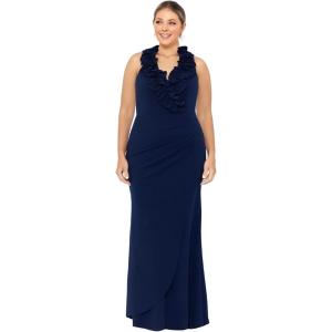 Xscape Women’s Xscape Women’s Floor-Length, Sleeveless, V-Neck, with Ruffled Neckline, Draped Detail, and Fitted Silhouette(Navy)