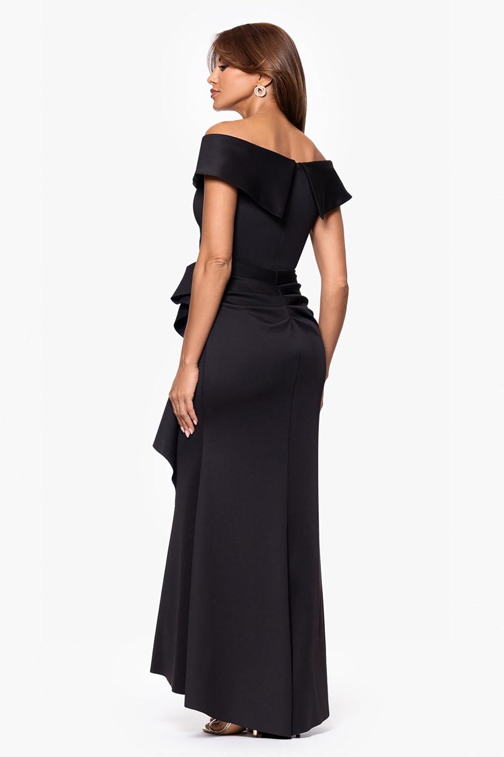 image:imageXscape Womens Long Off Shoulder Sweetheart Neck Side Ruffle GownBlack
