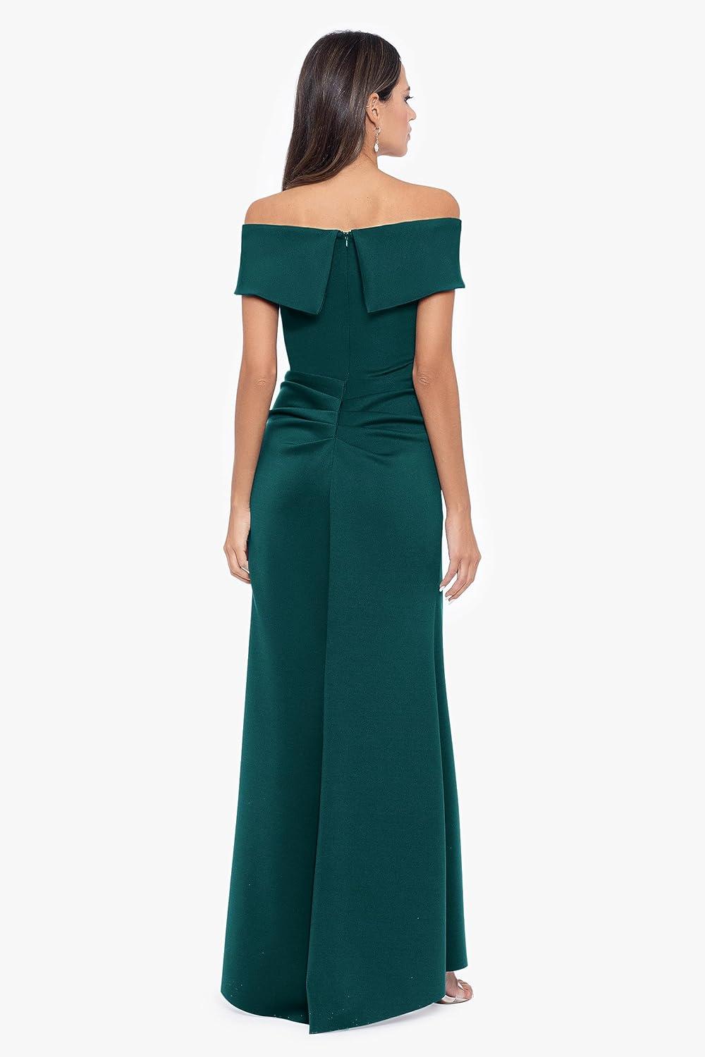 image:imageXscape Womens Long Off Shoulder Sweetheart Neck Side Ruffle GownHunter