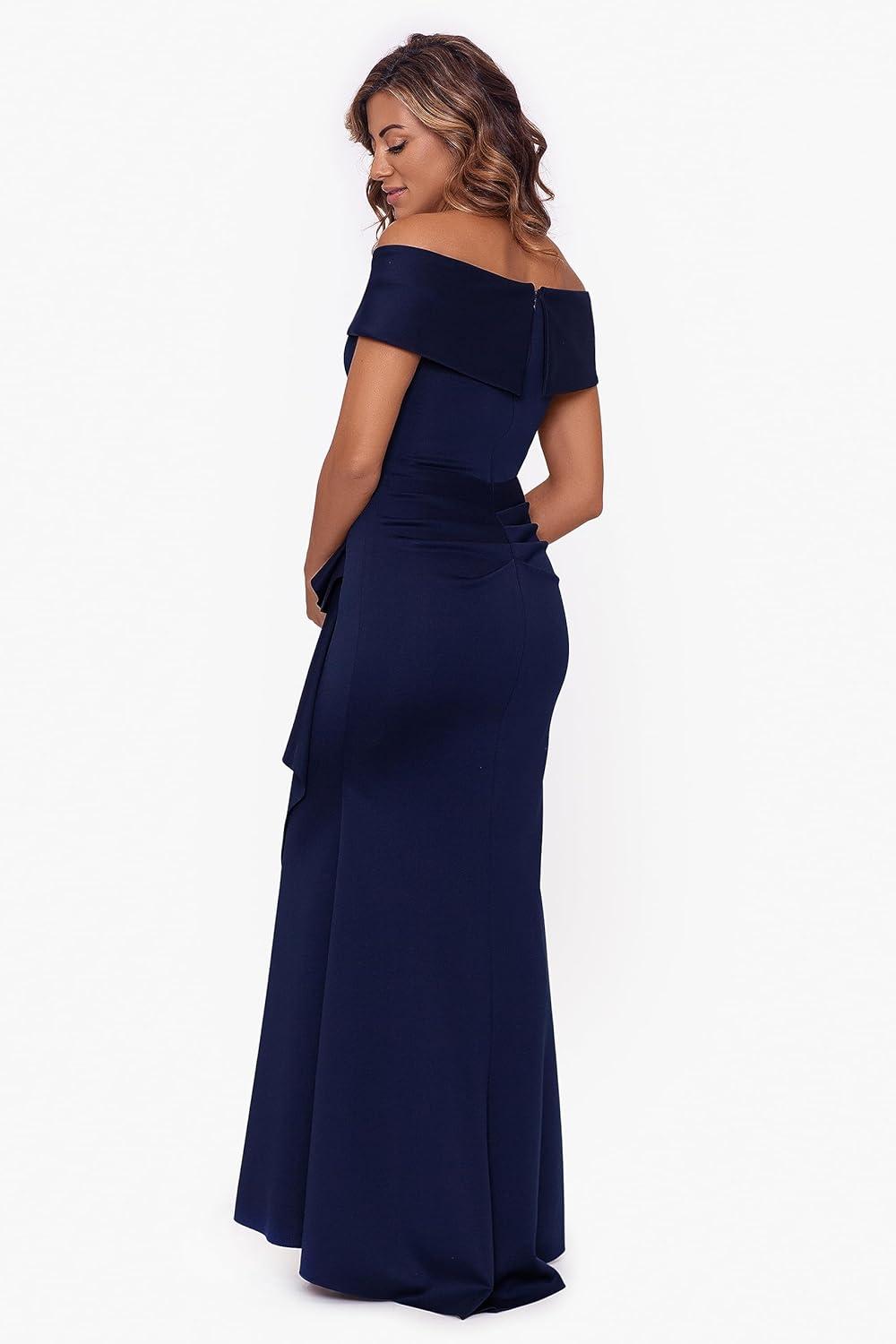 image:imageXscape Womens Long Off Shoulder Sweetheart Neck Side Ruffle GownMidnight