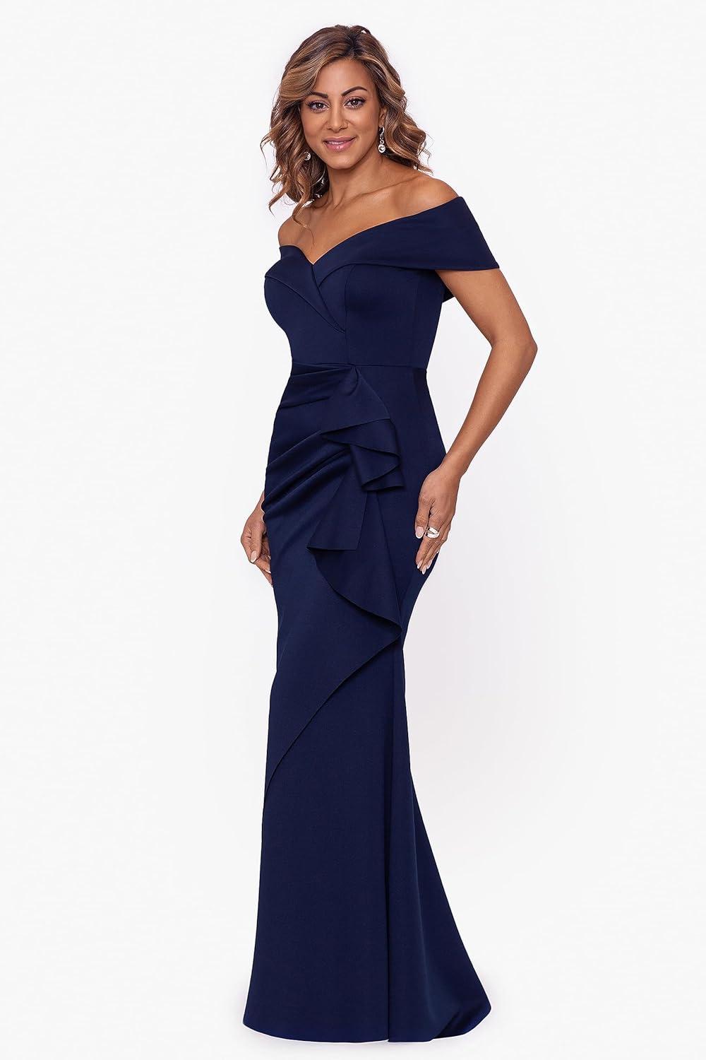 image:imageXscape Womens Long Off Shoulder Sweetheart Neck Side Ruffle GownMidnight