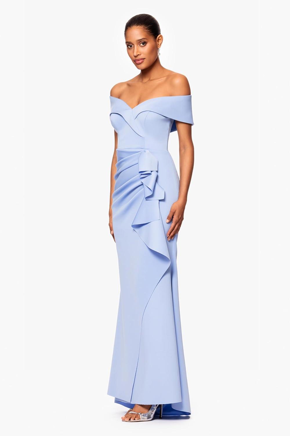 image:imageXscape Womens Long Off Shoulder Sweetheart Neck Side Ruffle GownPeriwinkle