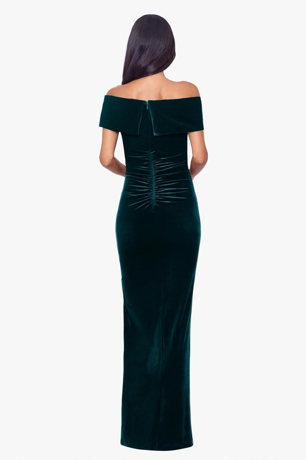 image:imageXscape Womens Long Velvet OffTheShoulder Gown with Leg Slit and Center Back Zipper Hunter 8