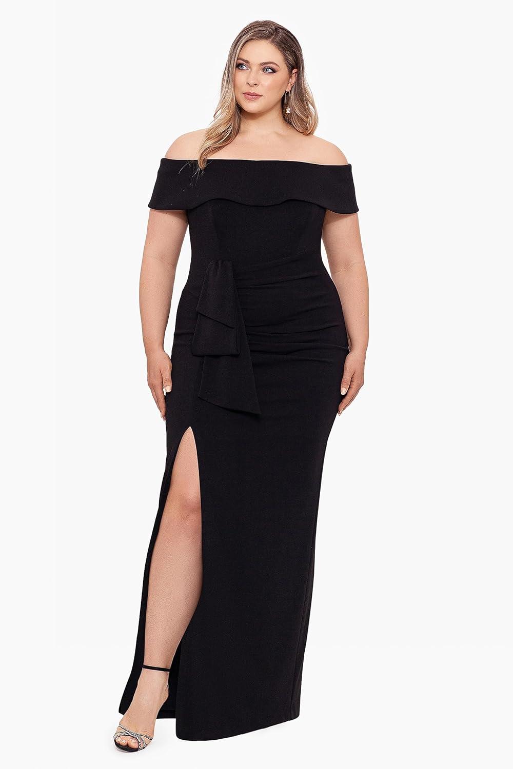 image:imageXscape Womens Plus Size Long Off The Shoulder Scuba Crepe Slit DressBlack