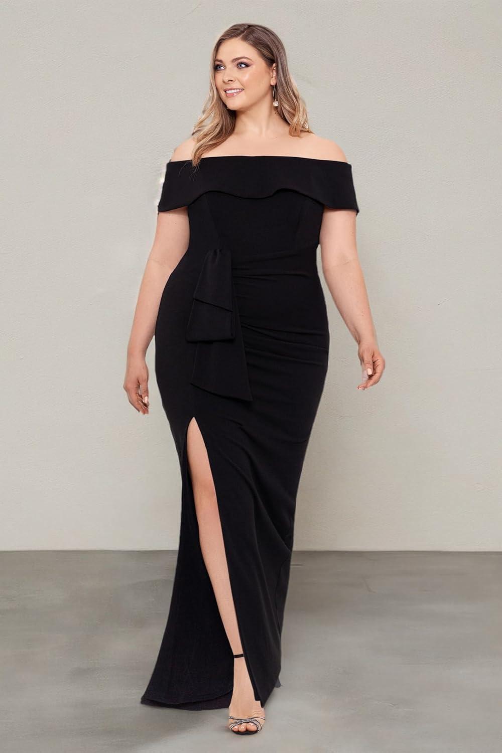image:imageXscape Womens Plus Size Long Off The Shoulder Scuba Crepe Slit DressBlack