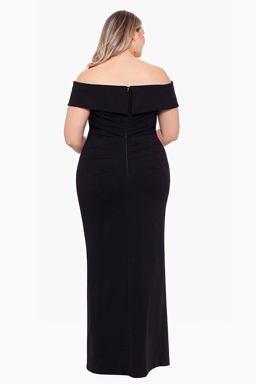 image:imageXscape Womens Plus Size Long Off The Shoulder Scuba Crepe Slit DressBlack