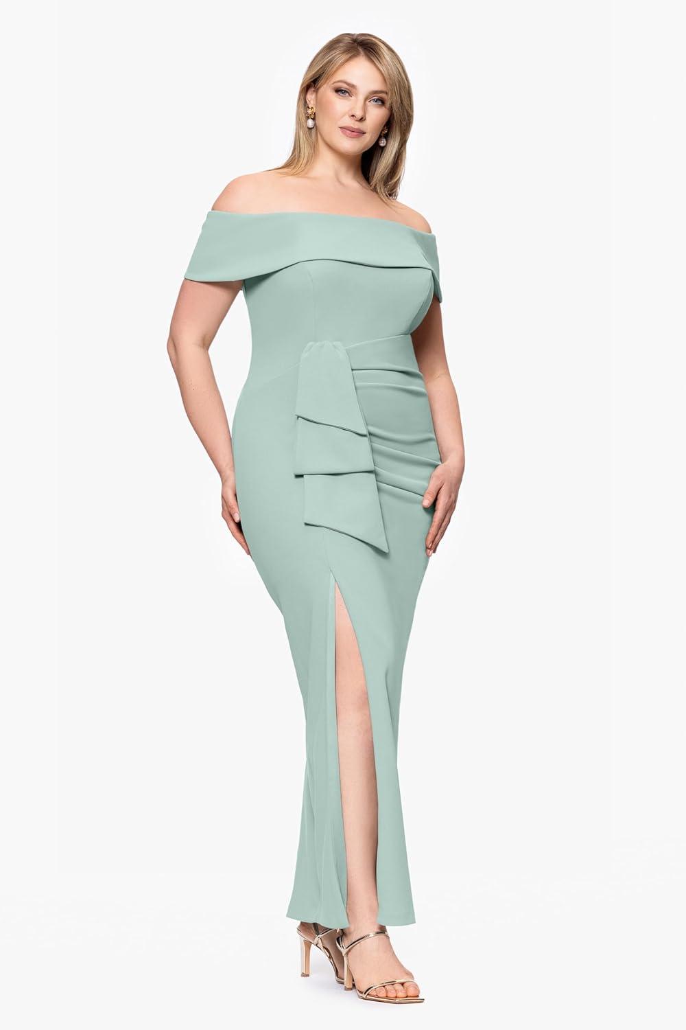 image:imageXscape Womens Plus Size Long Off The Shoulder Scuba Crepe Slit DressSage