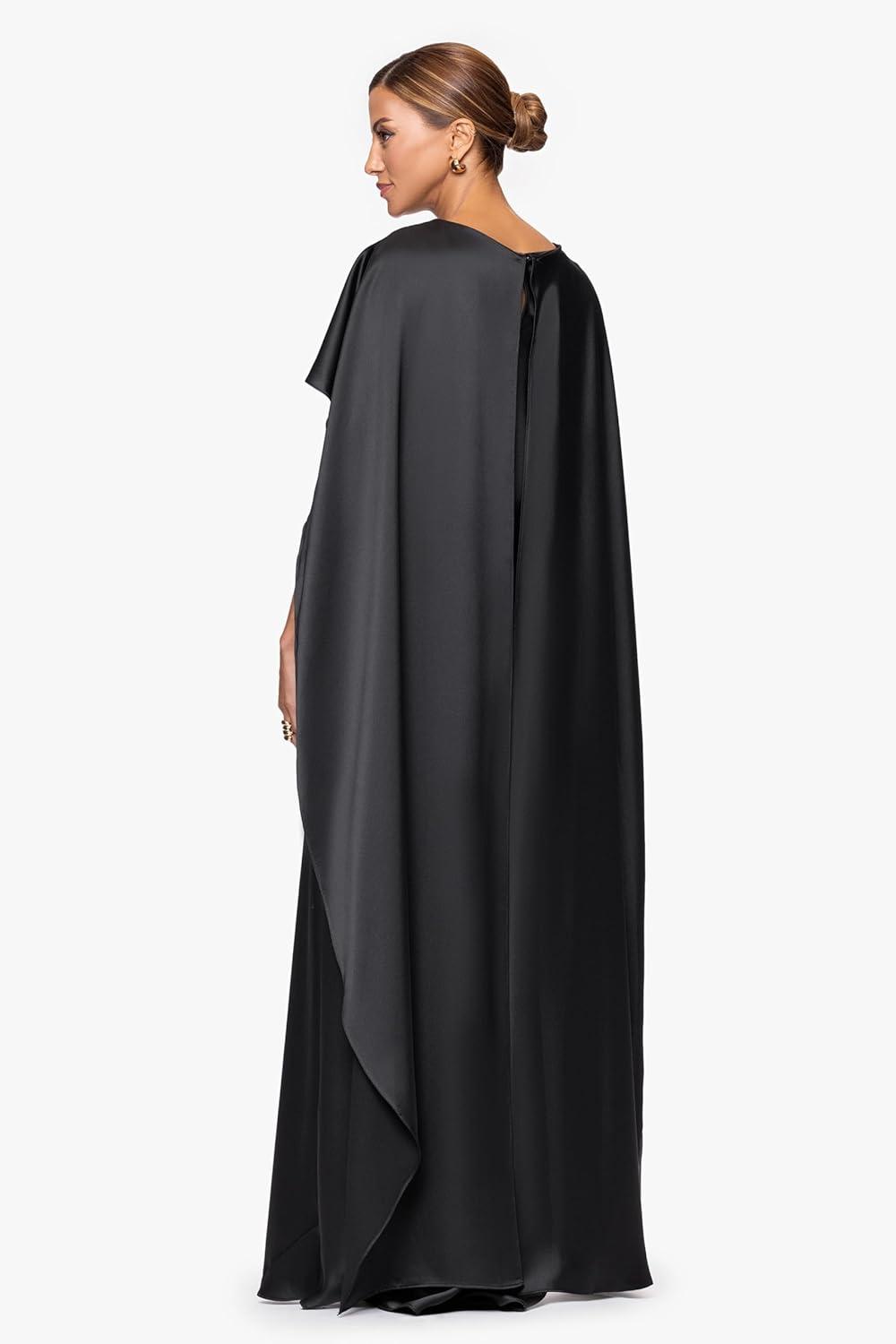 image:imageXscape Womens Satin Boat Neck Cape Overlay Floor Length DressBlack