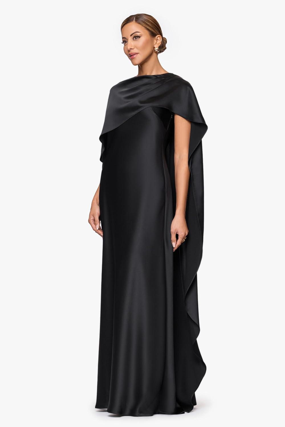 image:imageXscape Womens Satin Boat Neck Cape Overlay Floor Length DressBlack
