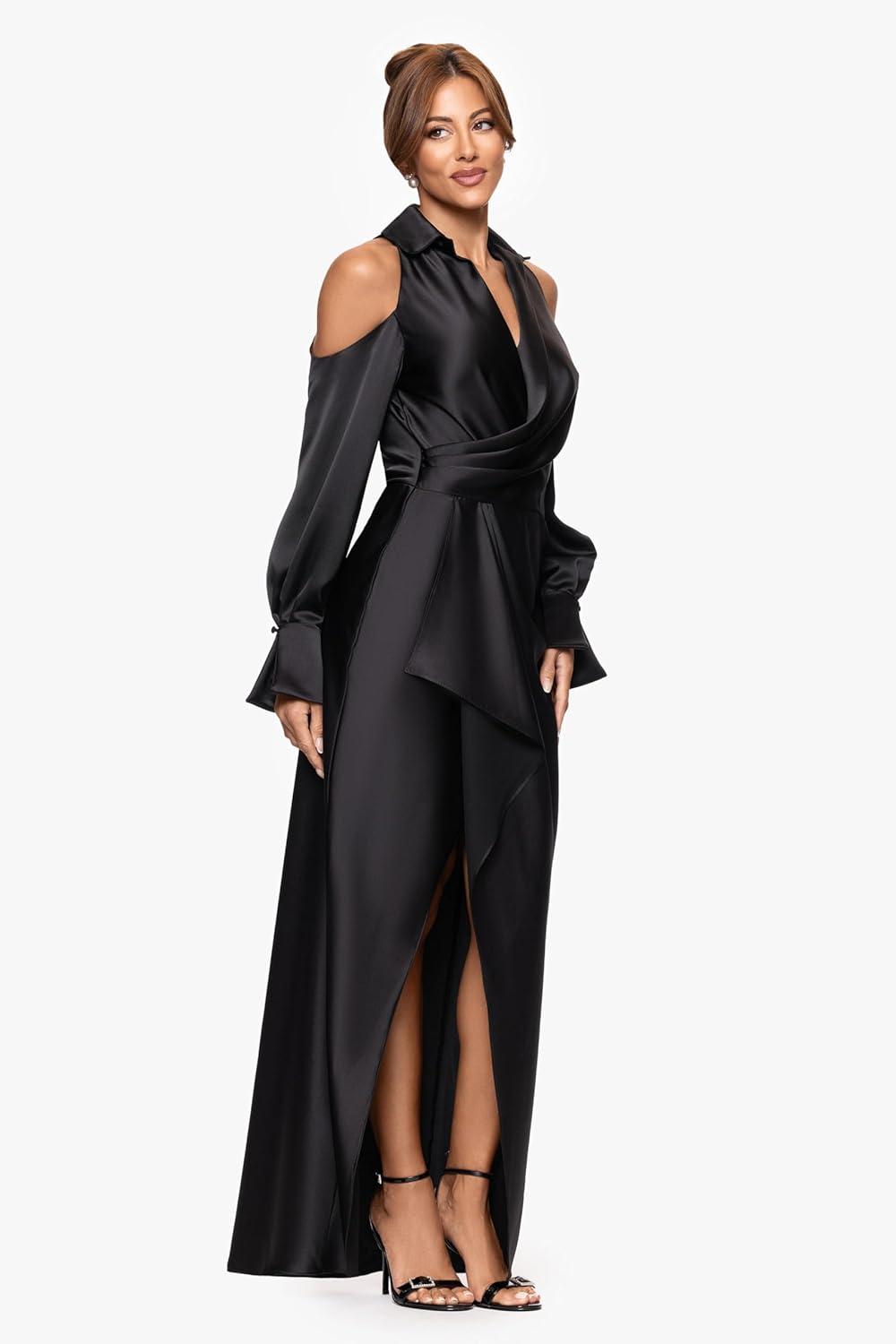 image:imageXscape Womens Satin Collar Neck Cold Shoulder Long Sleeve Ruffle Modest DressBlack