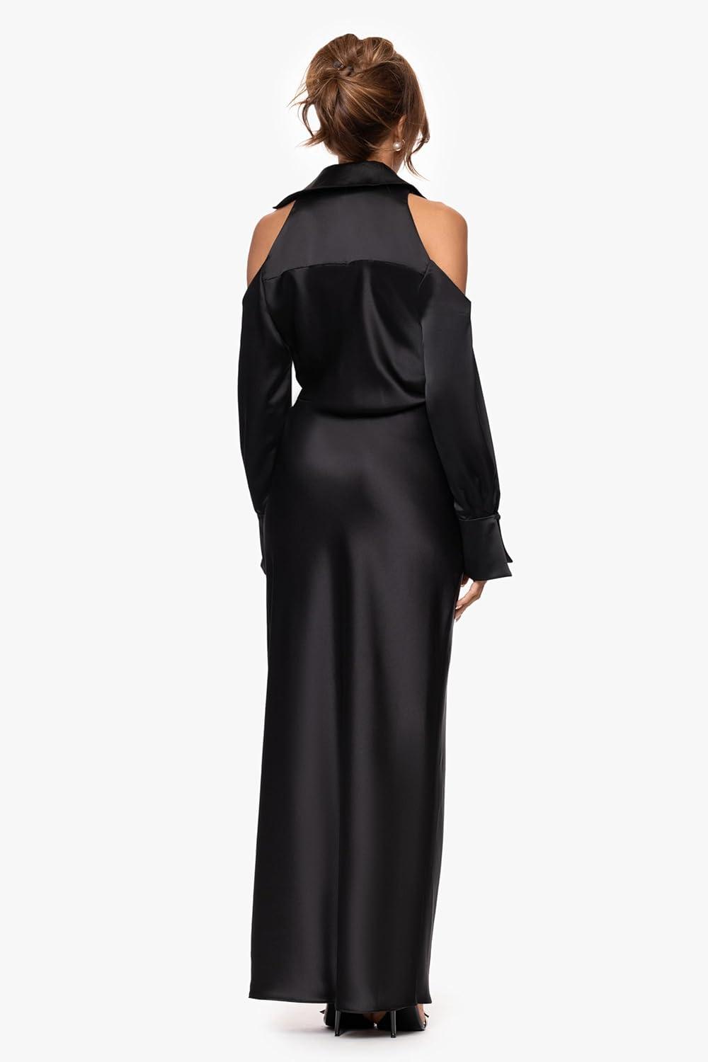 image:imageXscape Womens Satin Collar Neck Cold Shoulder Long Sleeve Ruffle Modest DressBlack