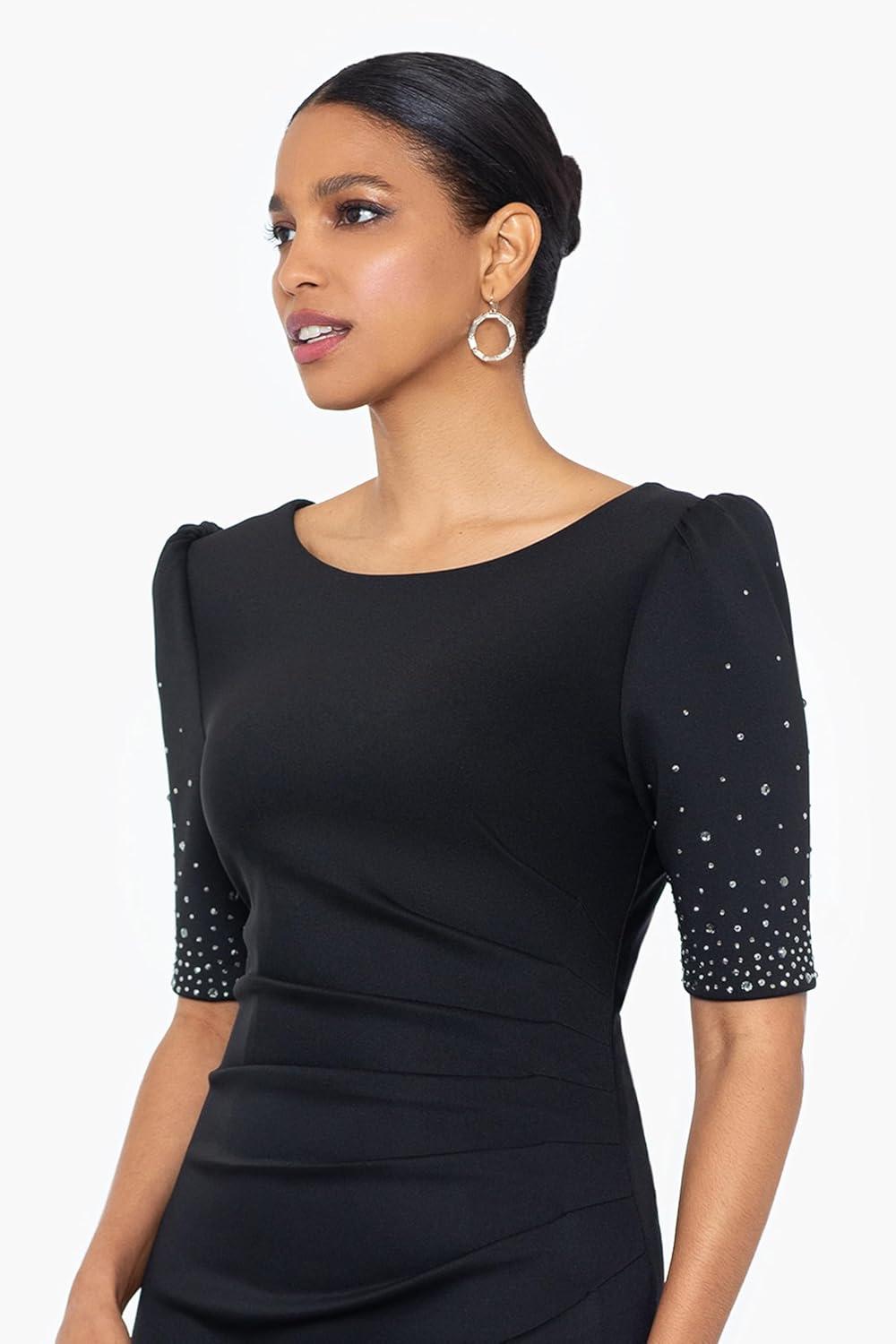 image:imageXscape Womens Scuba Bateau Neck Embellished Short Sleeve Floor Length DressBlack