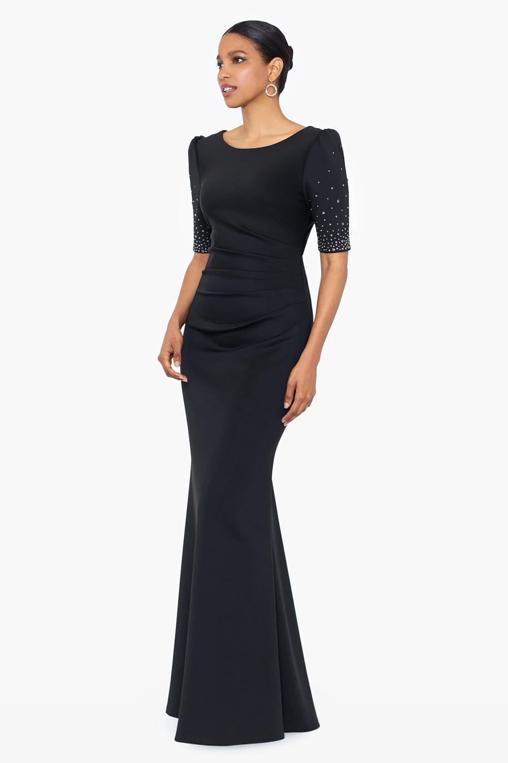 image:imageXscape Womens Scuba Bateau Neck Embellished Short Sleeve Floor Length DressBlack