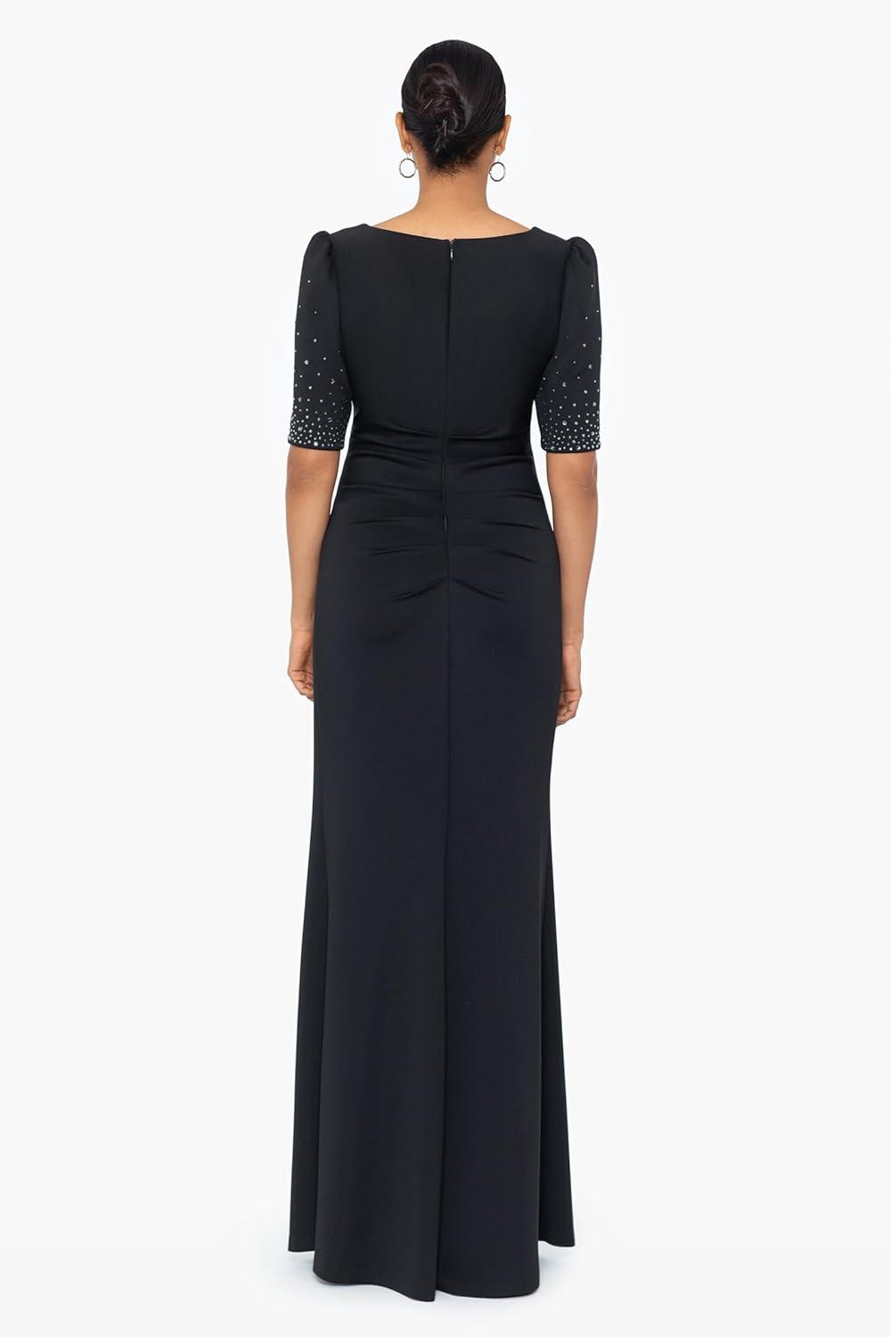 image:imageXscape Womens Scuba Bateau Neck Embellished Short Sleeve Floor Length DressBlack