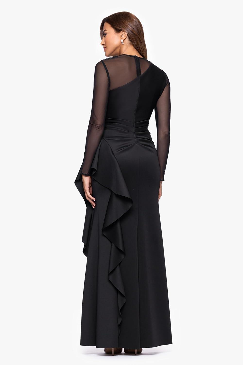 image:imageXscape Womens Scuba Crepe Illusion Neck Mesh Sleeve Ruffle Floor Length DressBlack
