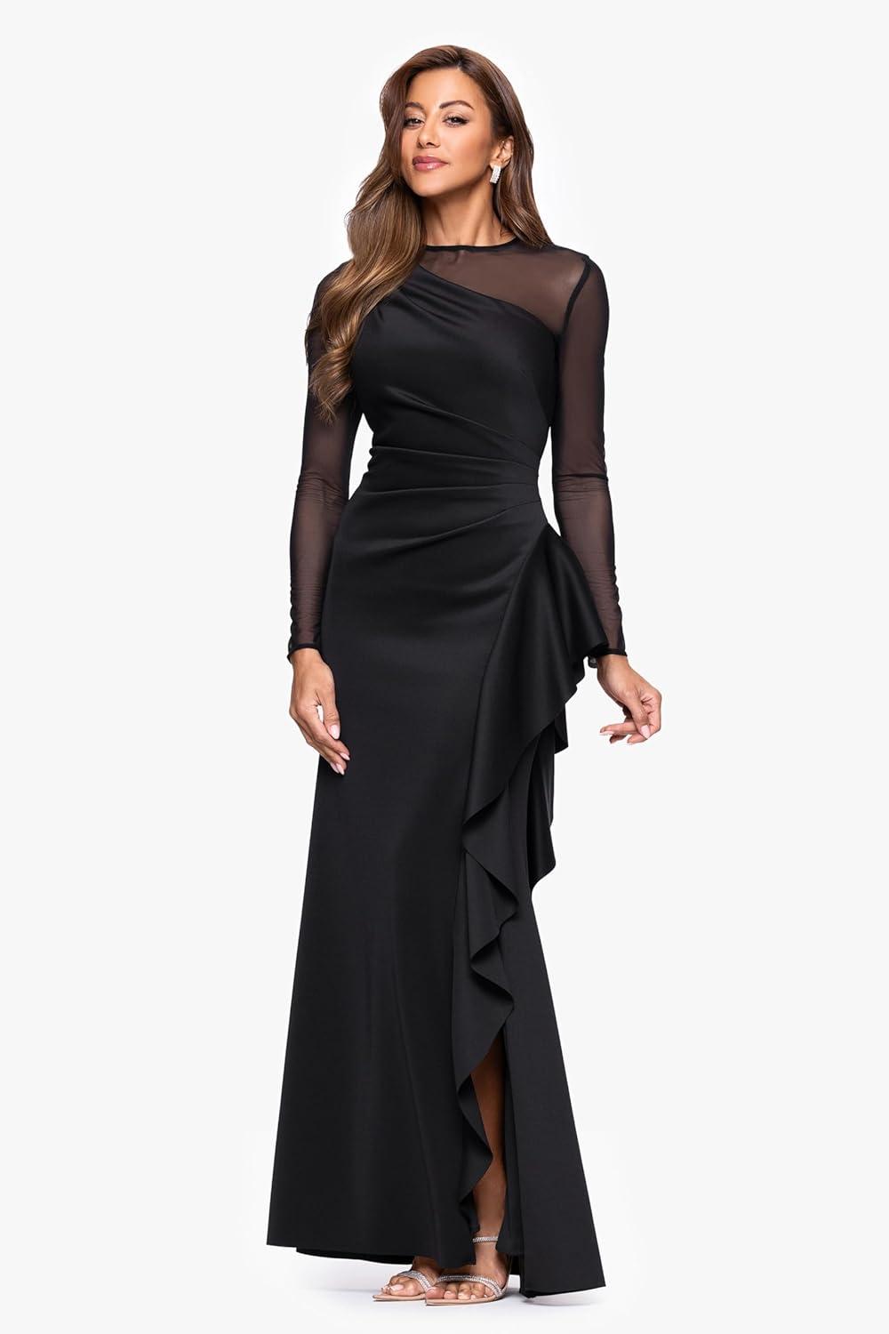 image:imageXscape Womens Scuba Crepe Illusion Neck Mesh Sleeve Ruffle Floor Length DressBlack