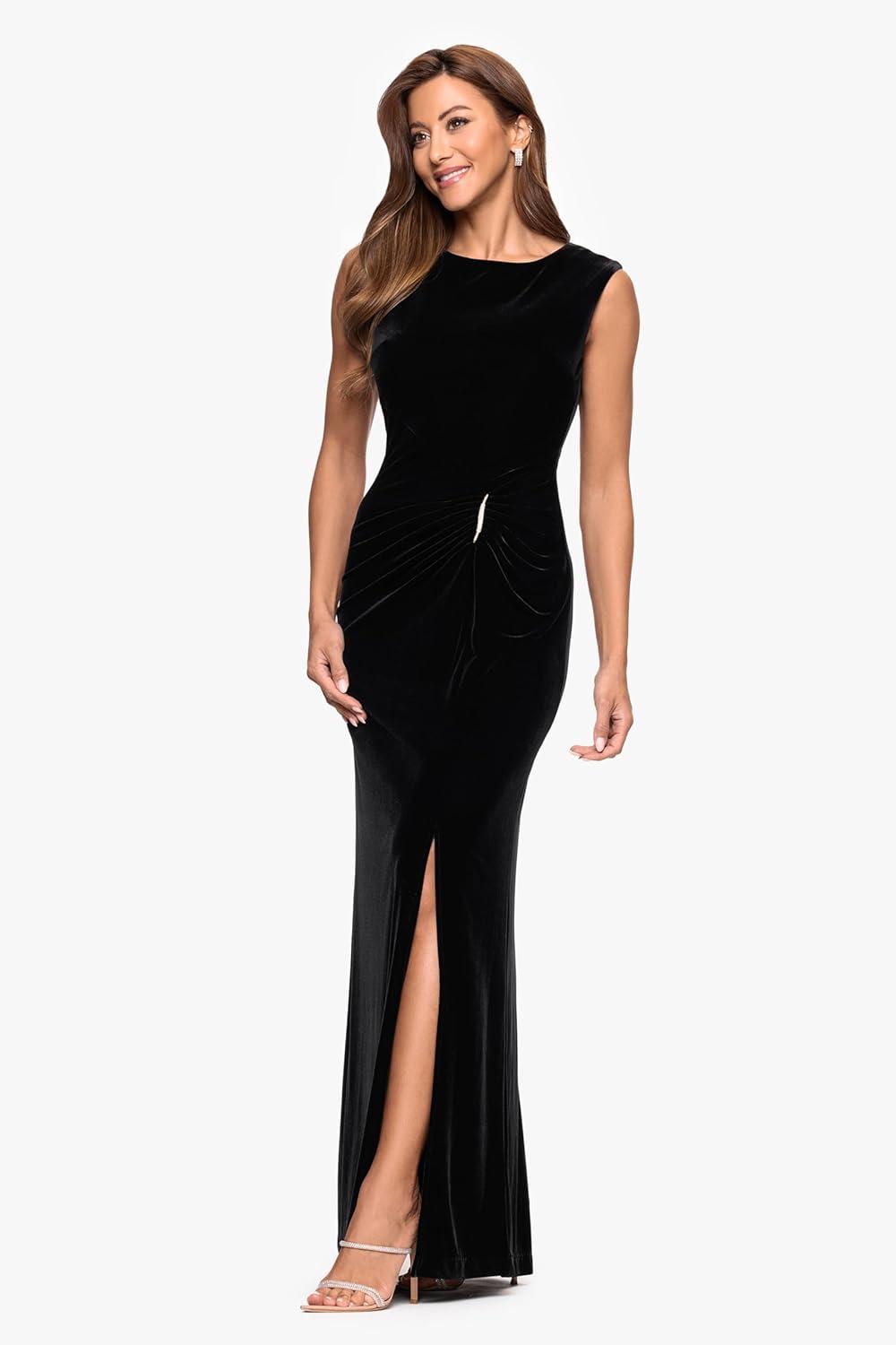 image:imageXscape Womens Velvet Bateau Neck Sleeveless Embelished Ruffle Floor Length DressBlack