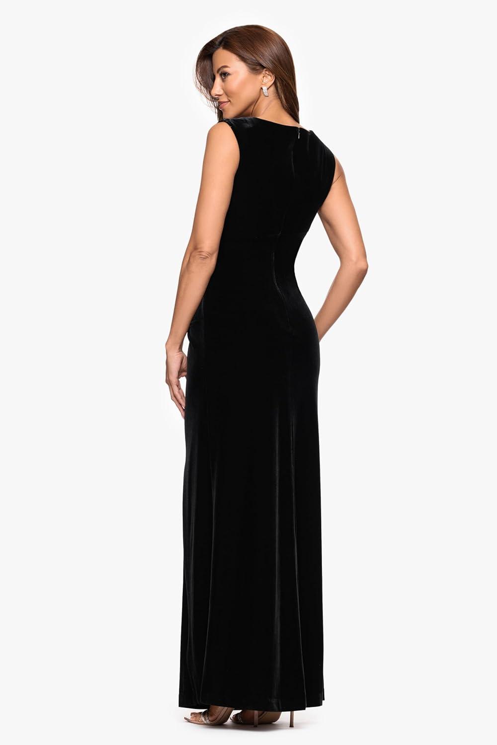 image:imageXscape Womens Velvet Bateau Neck Sleeveless Embelished Ruffle Floor Length DressBlack