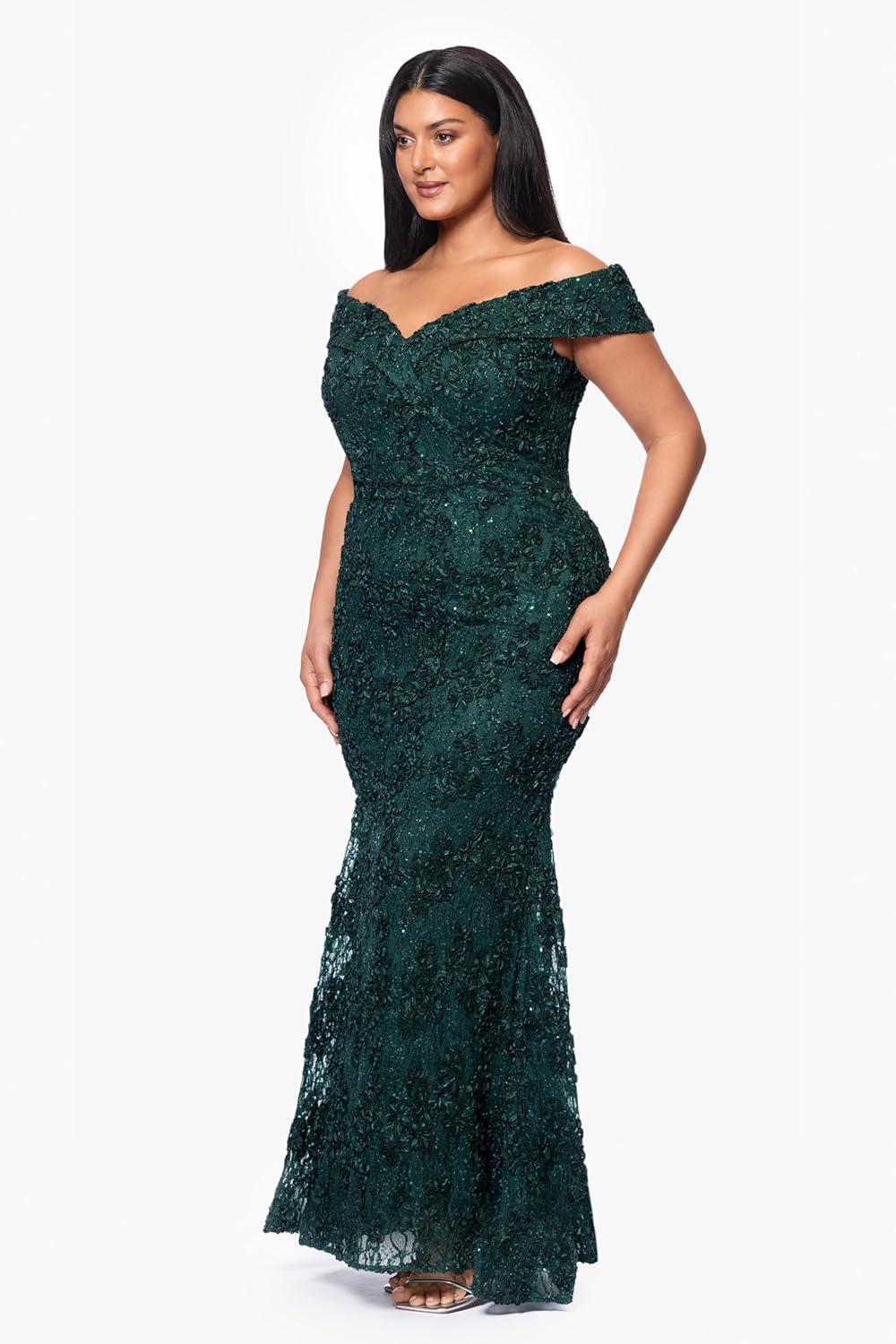 image:imageXscape Womens Xscape Womens FloorLength OffTheShoulder with Embellished Lace Detail and Fitted SilhouetteHunter Green