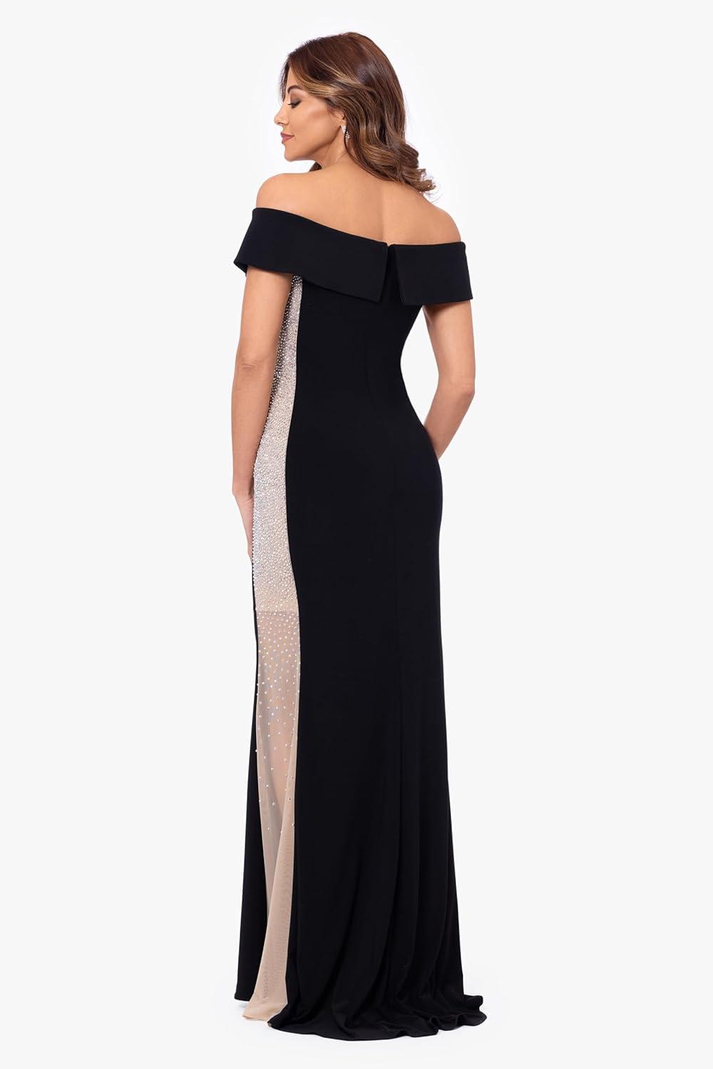 image:imageXscape Womens Xscape Womens FloorLength OffTheShoulder with Sheer Side Panels and Fitted SilhouetteBlack Nude Silver