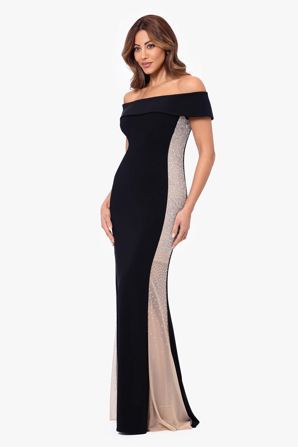 image:imageXscape Womens Xscape Womens FloorLength OffTheShoulder with Sheer Side Panels and Fitted SilhouetteBlack Nude Silver