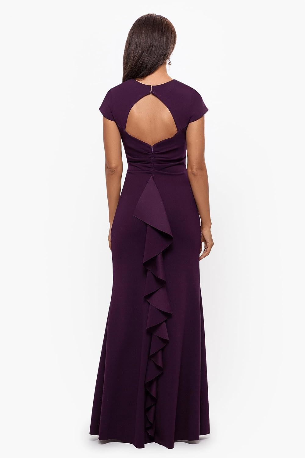 image:imageXscape Womens Xscape Womens FloorLength ShortSleeve VNeck with Open Back Cascading Ruffle Detail and Fitted Silhouette