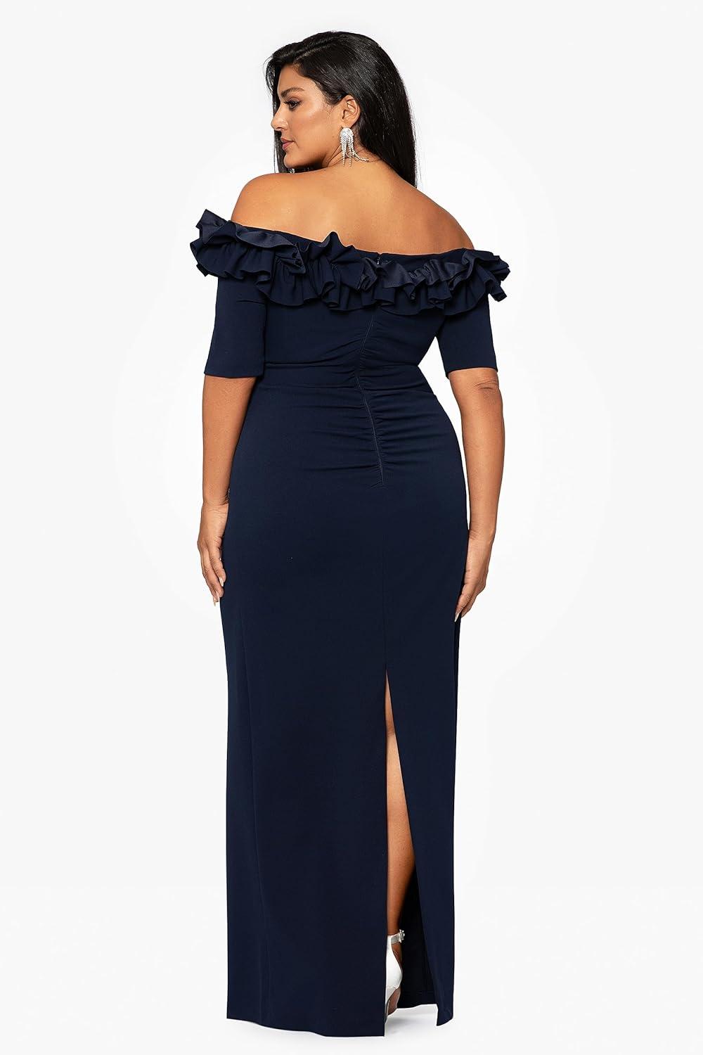 image:imageXscape Womens Xscape Womens OffTheShoulder FloorLength Scuba Crepe Gown with Ruffle Detail and Fitted Silhouette Plus