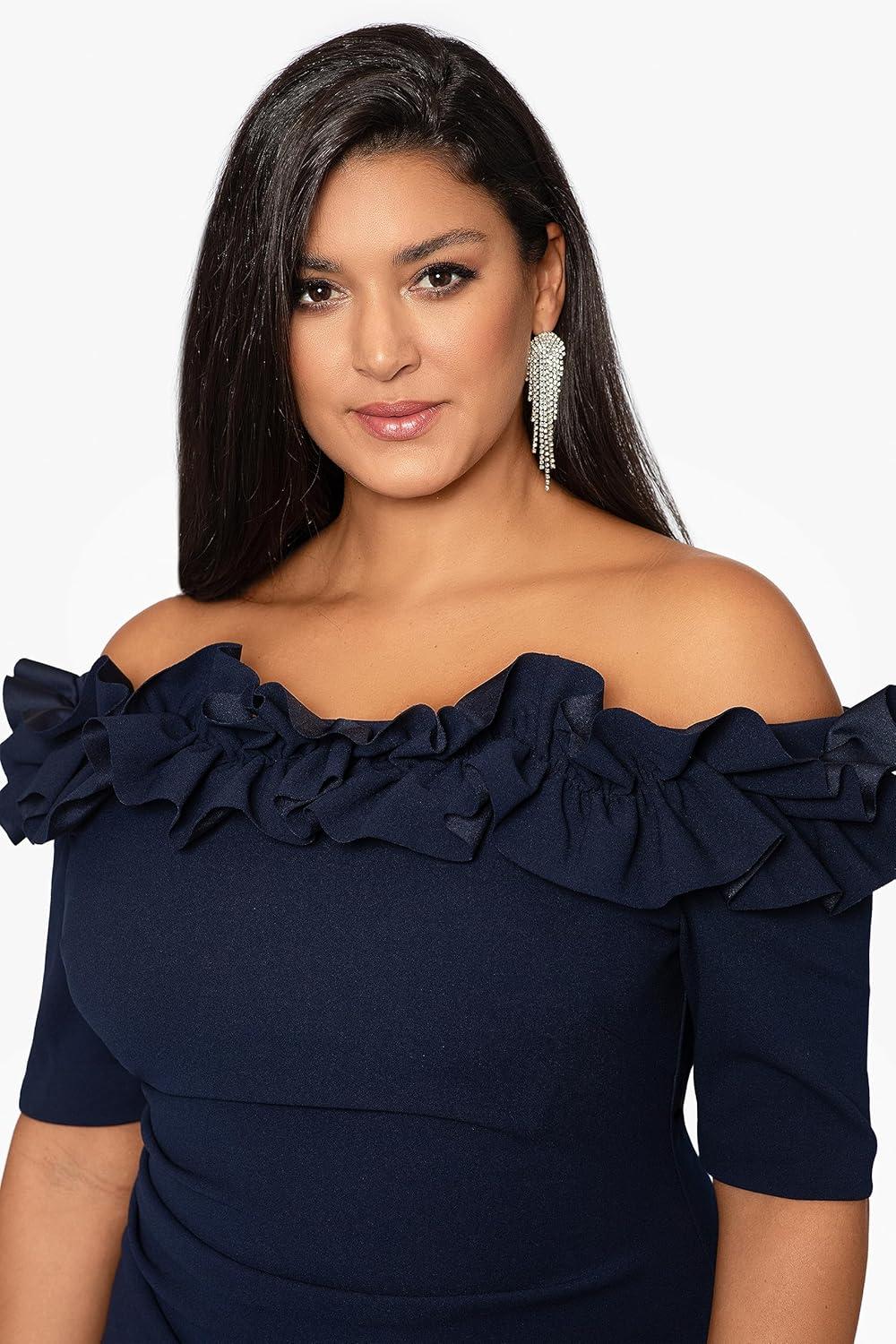 image:imageXscape Womens Xscape Womens OffTheShoulder FloorLength Scuba Crepe Gown with Ruffle Detail and Fitted Silhouette Plus