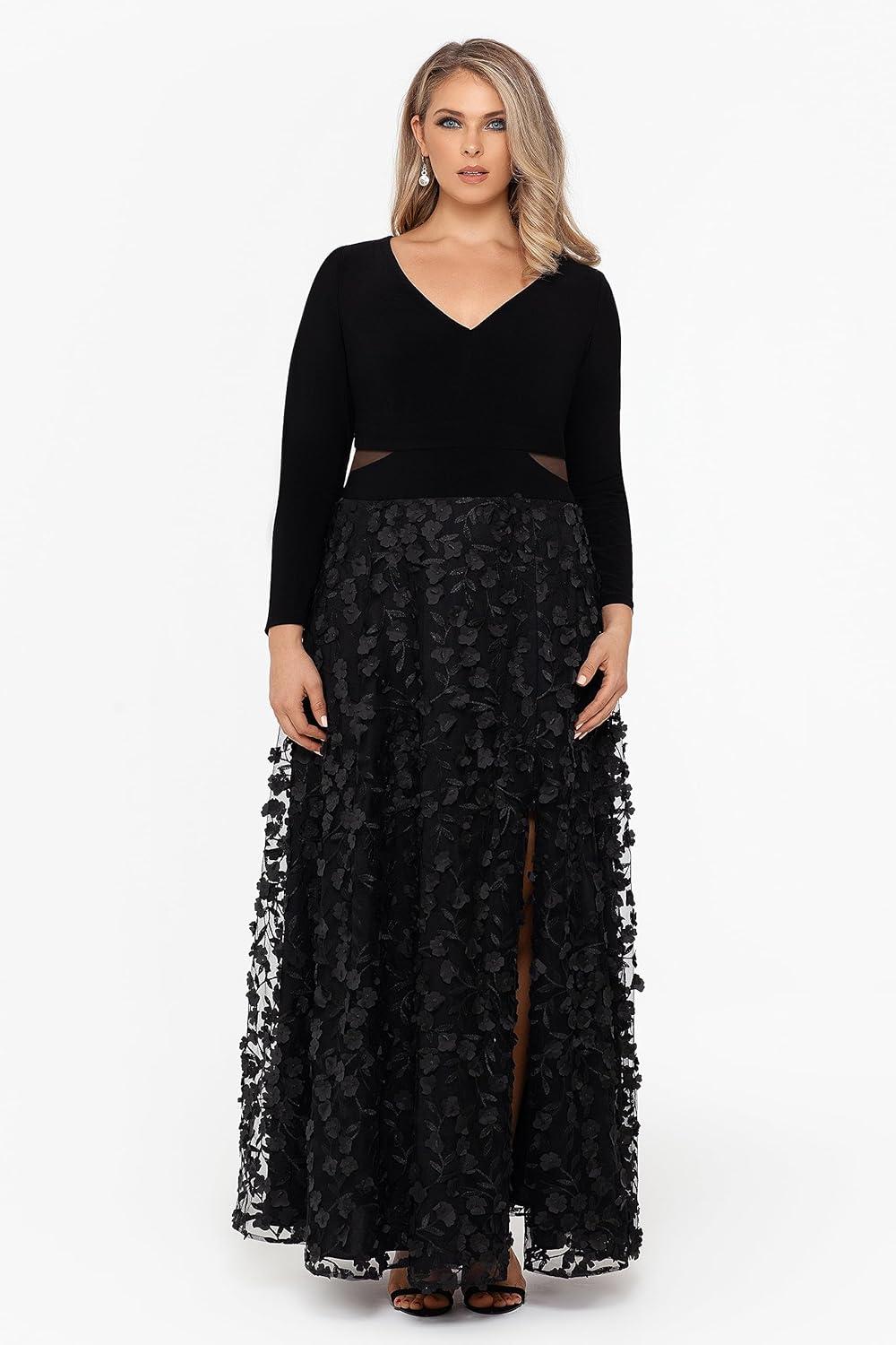 image:imageXscape Womens Xscape Womens VNeck Long Sleeve FloorLength Gown with Cutouts High Slit and Floral Skirt PlusBlack