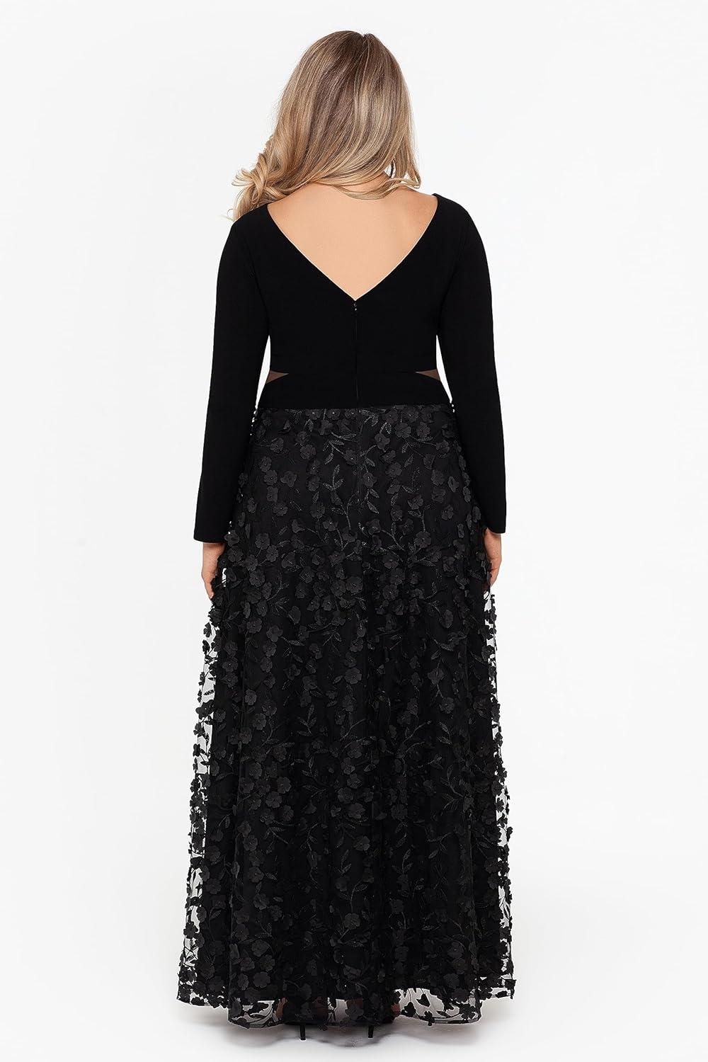 image:imageXscape Womens Xscape Womens VNeck Long Sleeve FloorLength Gown with Cutouts High Slit and Floral Skirt PlusBlack