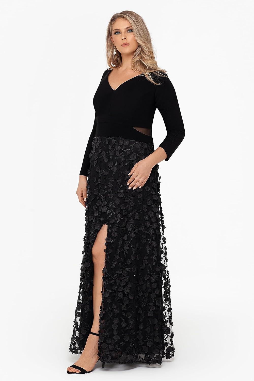 image:imageXscape Womens Xscape Womens VNeck Long Sleeve FloorLength Gown with Cutouts High Slit and Floral Skirt PlusBlack