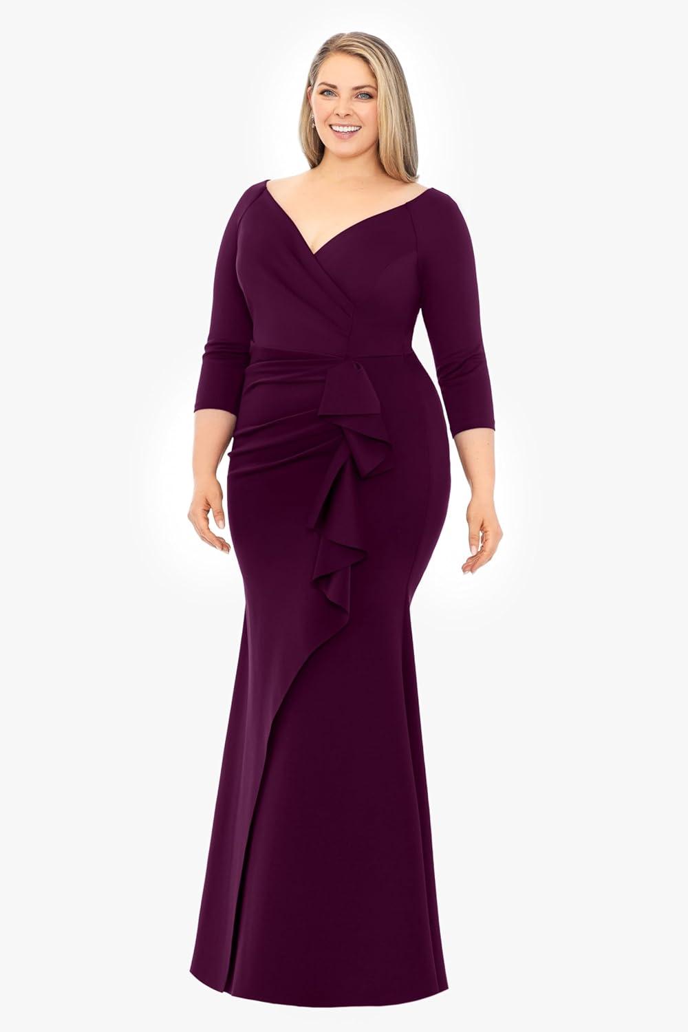 image:imageXscape Womens Xscape Womens VNeck ThreeQuarter Sleeve FloorLength Gown with Draped Ruffle Detail and Fitted Silhouette Plus