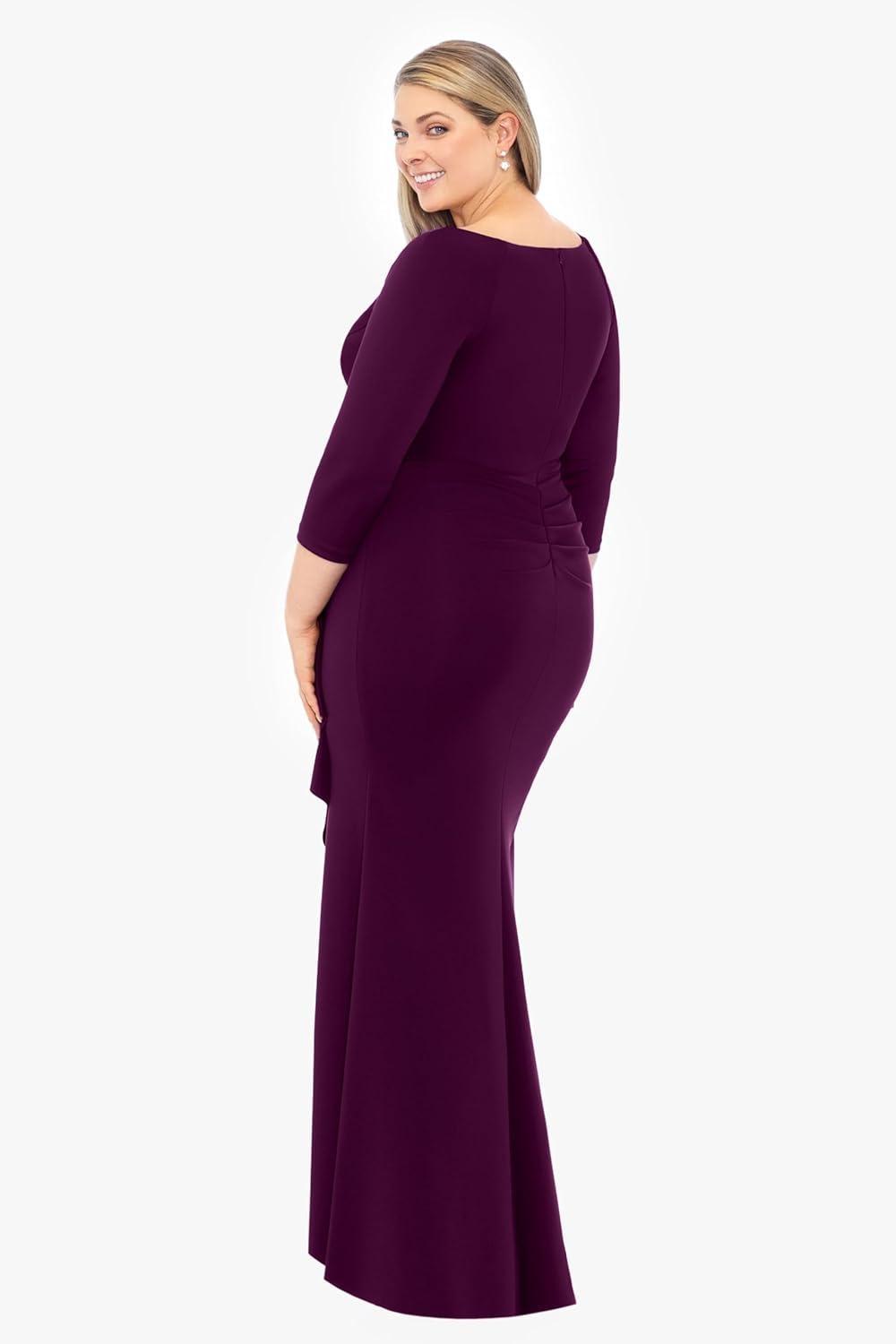image:imageXscape Womens Xscape Womens VNeck ThreeQuarter Sleeve FloorLength Gown with Draped Ruffle Detail and Fitted Silhouette Plus